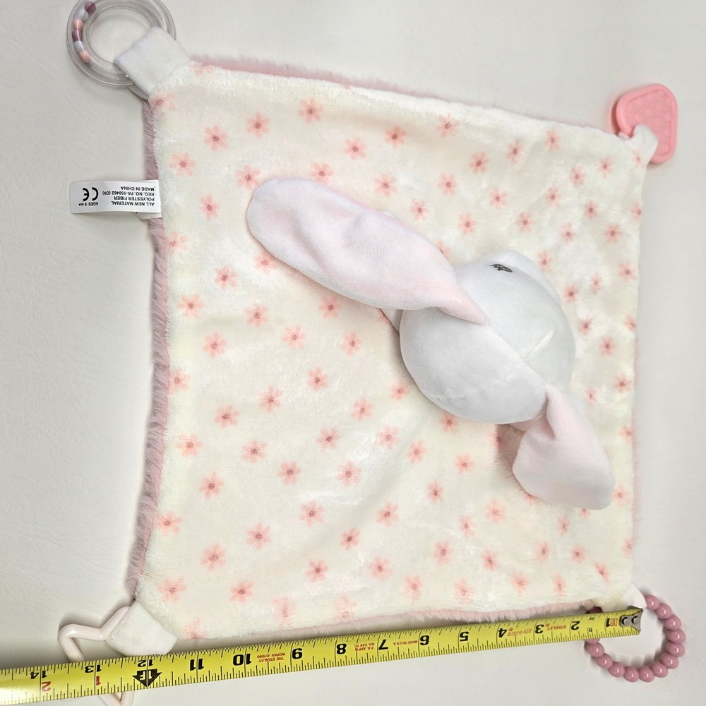 Dreamgro White Bunny Baby Security Blanket Pink Floral Teether Rattle Lovey 12" - Picture 5 of 8